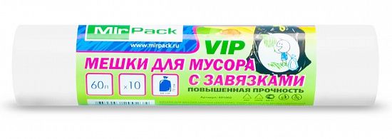 Пакеты для мусора с завязками 60 л, 18 мкм, ПНД, белые, 10 шт - Вид 1